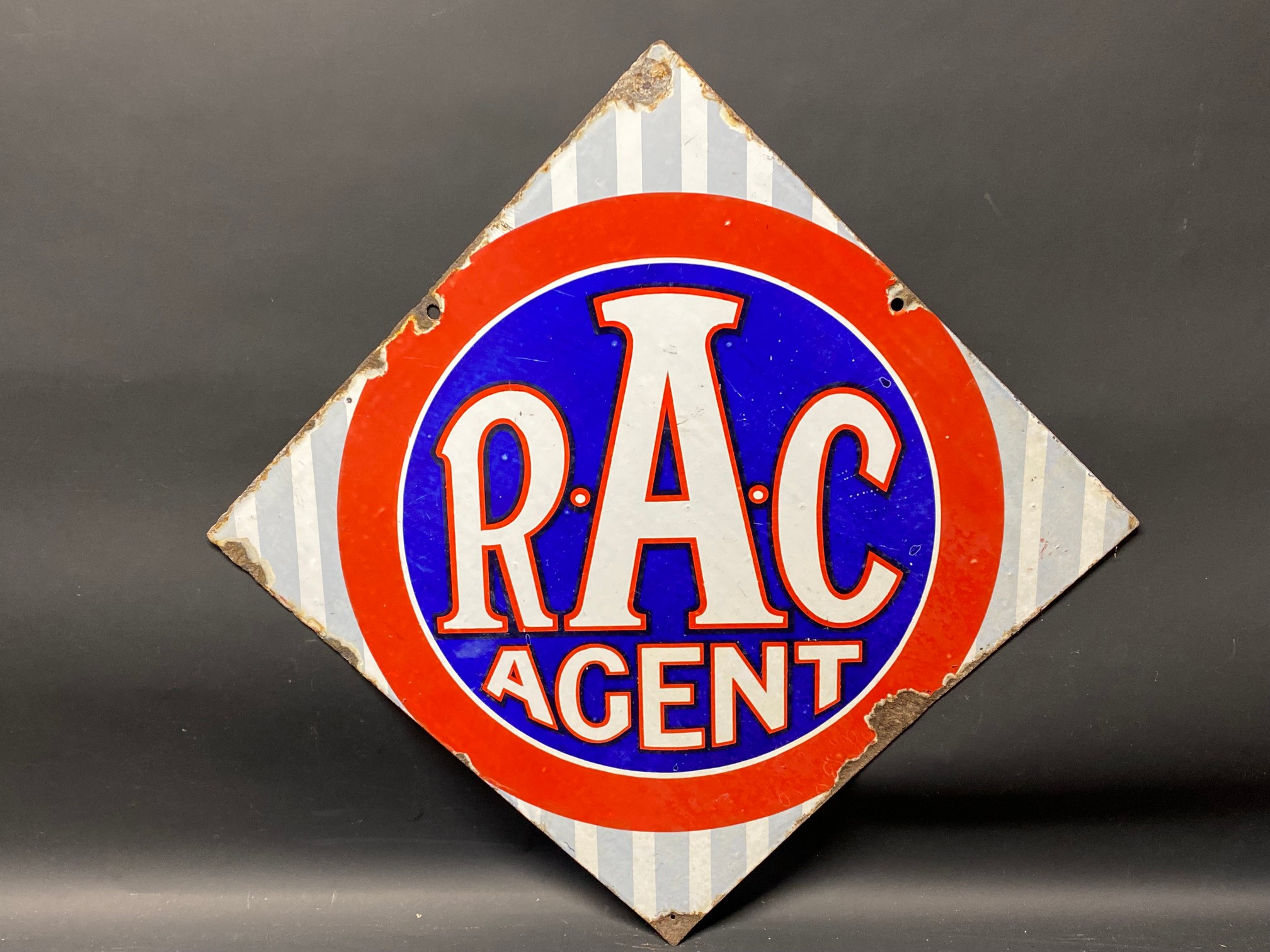 An RAC Agent lozenge shaped double sided enamel sign, 28 x 28".