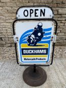 A Duckham's Motor Cycle Dealer Open/Closed swivel sign on a weighted base.