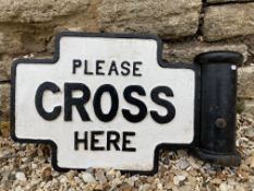 A 'Please Cross Here' post mounted cast iron sign, possibly railway, 24 1/2 x 15".