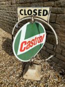 A Castrol garage forecourt spinning sign on stand with Open/Closed pediment.