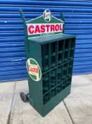 A Castrol garage forecourt 25-division oil bottle trolley with double sided advertising sign to