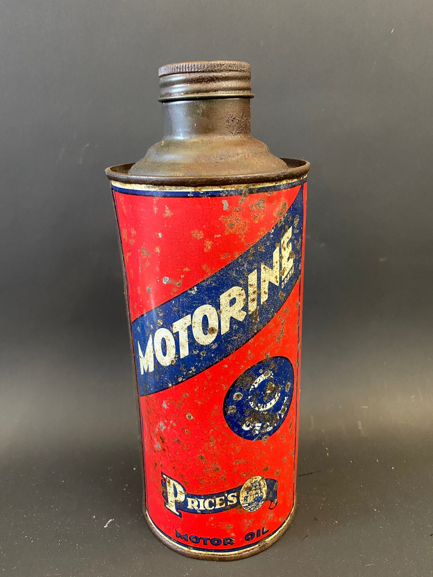 A Price's Motorine cylindrical quart can.