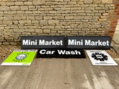 A selection of garage forecourt signage including clutch centre 32 x 32", Mini Market 61 x 19" etc.