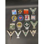 A tray of mixed car badges.