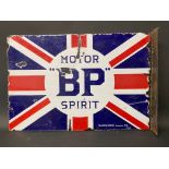 A BP Motor Spirit Union Jack double sided enamel sign with reattached hanging flange, by Franco,