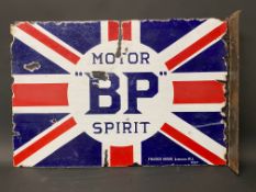 A BP Motor Spirit Union Jack double sided enamel sign with reattached hanging flange, by Franco,