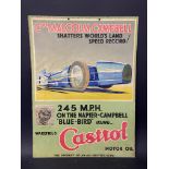 A rare and early Castrol pictorial showcard using the success of Capt. Malcolm Campbell's world land