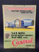 A rare and early Castrol pictorial showcard using the success of Capt. Malcolm Campbell's world land