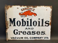 A Gargoyle Mobiloils and Greases double sided enamel sign with hanging flange, 20 x 16".
