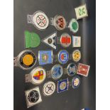 A tray of mixed car badges.