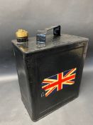 A War Department two gallon petrol can bearing later Union Jack decal, dated 1940, plain brass cap.