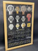 A framed and glazed poster depicting many different version AA badges.