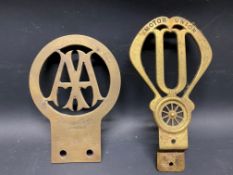 A brass Motor Union car badge by George Collings Ltd. and a reproduction AA Stenson Cooke