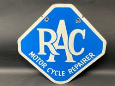 An RAC Motor Cycle Repairer lozenge shaped double sided enamel sign, 19 1/2 x 19 1/2".