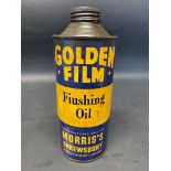 A Morris's of Shrewsbury Golden Film Flushing Oil cylindrical quart can.