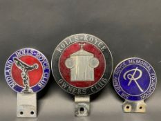 A Rolls-Royce Owners Club car badge, a Midland Rolls-Royce Club car badge and a third - Sir Henry