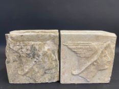 A rare set of four N.B.C. mercury head carved stone blocks, removed from a filling station wall,