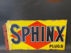 A Sphinx Plugs rectangular double sided enamel sign with flattened hanging flange, by Wood & Penfold