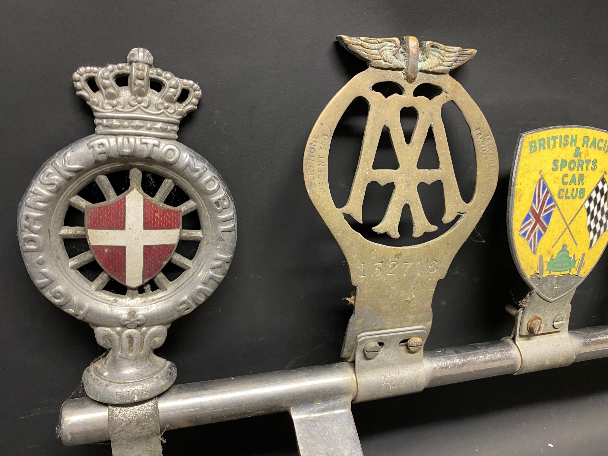 A chrome plated badge bar with five badges attached including K.G.L Dansk Automobil Klub. - Image 2 of 3