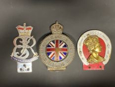 Three car badges relating to the Coronation of Queen Elizabeth II.