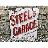 A rectangular enamel sign for Steel's Garage of Cheltenham (H.E. Steel Ltd.), made by Chromo, 36 x