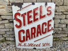 A rectangular enamel sign for Steel's Garage of Cheltenham (H.E. Steel Ltd.), made by Chromo, 36 x