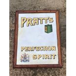 A Pratt's Perfection Spirit advertising mirror with image of two gallon can, 20 1/2 x 26 1/2".