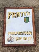 A Pratt's Perfection Spirit advertising mirror with image of two gallon can, 20 1/2 x 26 1/2".