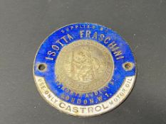 A blue and white enamel dash plaque bearing the exotic car marque Isotta Fraschini.