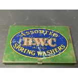 A B.W.C. Assorted Spring Washers tin with bright advertising to the lid and spring washer contents.