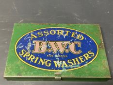 A B.W.C. Assorted Spring Washers tin with bright advertising to the lid and spring washer contents.