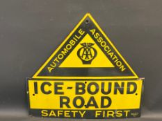 An AA Safety First enamel sign by Franco warning of Ice-Bound road, good gloss, 26 x 24".