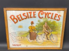 A Belsize Cycles pictorial showard depicting an Edwardian couple riding bicycles, repair to right