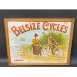 A Belsize Cycles pictorial showard depicting an Edwardian couple riding bicycles, repair to right