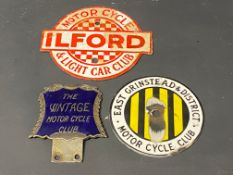 An Ilford Motor Cycle & Light Car Club enamel plaque, a second for East Grinstead & District Motor