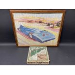 A framed and glazed jigsaw of Bluebird, the landspeed record breaking car, 21 x 17".