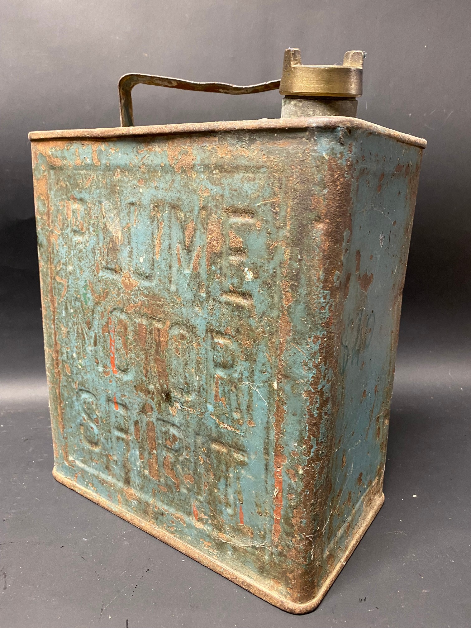 A Plume Motor Spirit two gallon petrol can by Valor, dated November 1926, with plain brass cap.