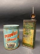 A Speedwell Grease 1lb tin plus a Bartoil Lubricating Oil rectangular can.