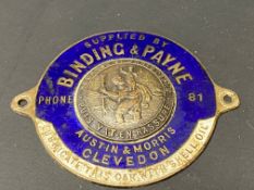 A blue enamel dash plaque supplied by Binding & Payne, Clevedon.