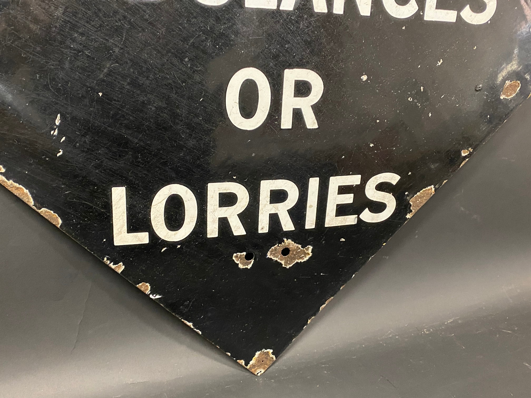A lozenge shaped enamel sign bearing the words 'No Ambulances or Lorries', probably WWII period, - Image 3 of 4