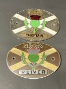 Two Albion oval name plaques for the Chieftain and Reiver models, both with Scottish flag and