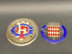 A Monaco Monte-Carlo enamel car badge and a Touring Club of France part enamel badge.