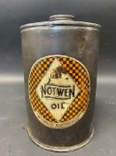 A Notwen Oil cylindrical can with bright decal.