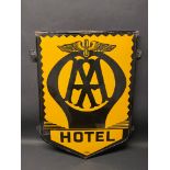 An AA Hotel enamel sign by B.B. Kent of London set within a hanging frame, 22 x 31" (excluding