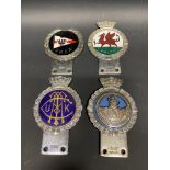 Four J.R. Gaunt car badges including Wales and RNSA.