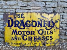 A Dragonfly Motor Oils and Greases rectangular enamel sign by Hancock and Corfield, 60 x 35".