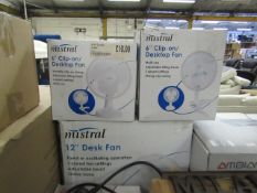 2x Mistral - 6" Clip-On Desktop Fan - Unchecked & Boxed. 1x Mistral - 12" White Desk Fan - Unchecked