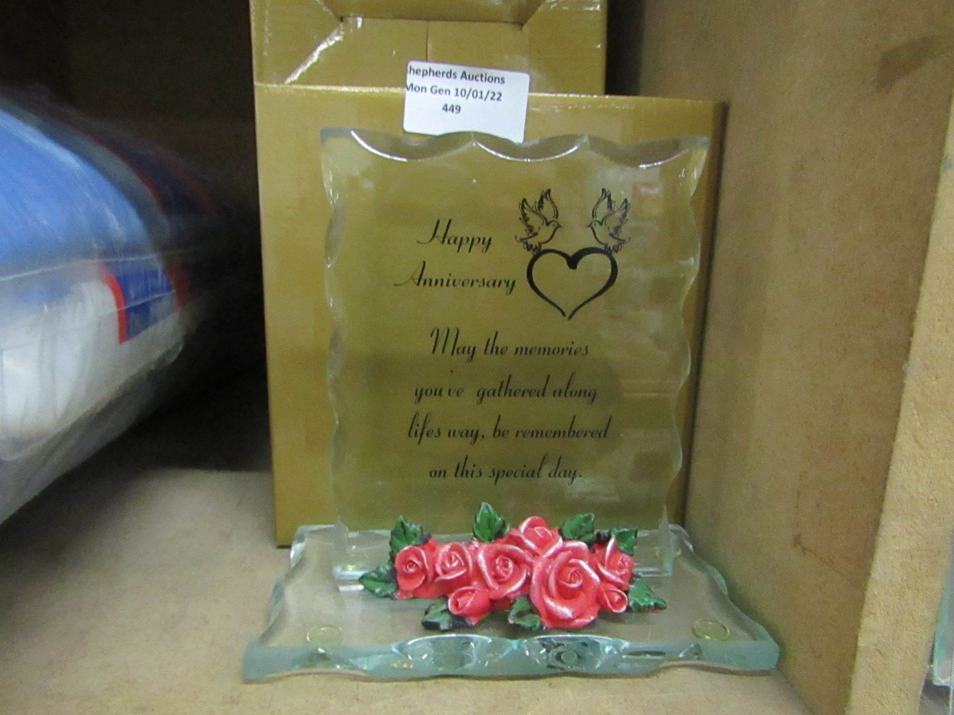 3x Mayflower Collectables - "Happy Anniversary" Glass Plaque Ornament - New & Boxed.