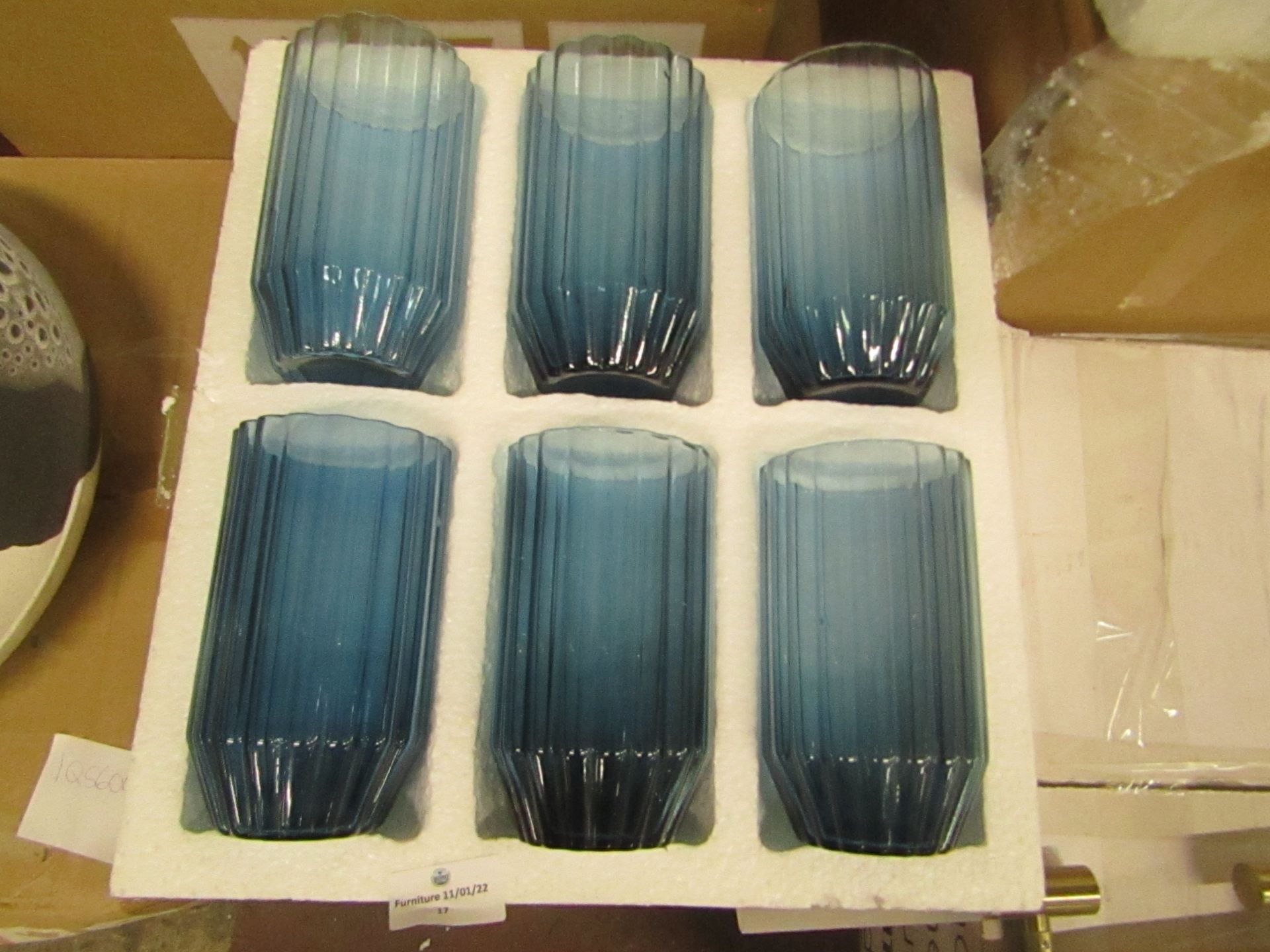 1 x Made.com Hollie Set of 6 Ribbed Glass Highballs Blue Glass RRP £ 39 SKU MAD-DWRIVD003BLU-UK