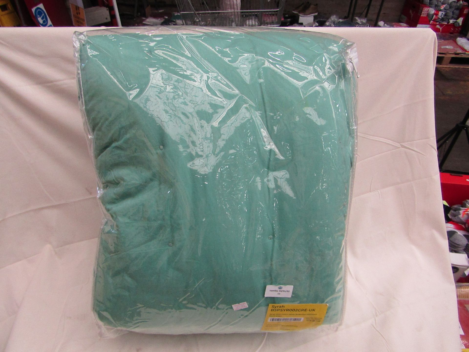 | 1X | MADE.COM 100% COTTON VELVET BEDSPREAD, 225X220CM, STORM GREEN | UNCHECKED & PACKAGED |